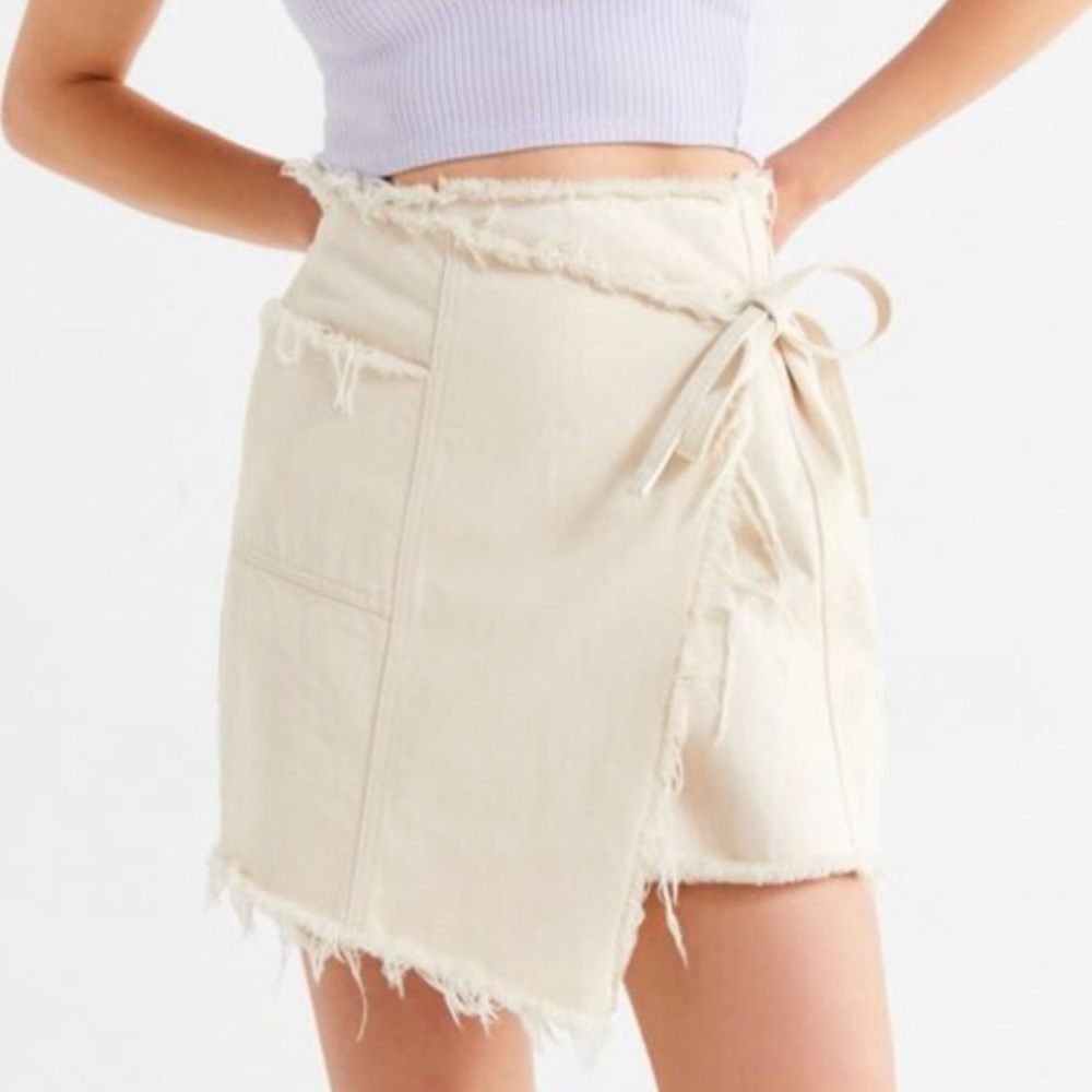BDG denim frayed mini wrap skirt
